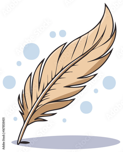 Classic cartoon quill feather pen illustration with soft floating bubbles