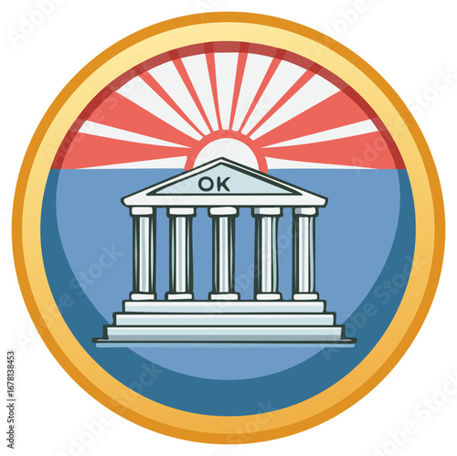 Ancient Greek building with sun rising over blue water, OK symbol on pediment
