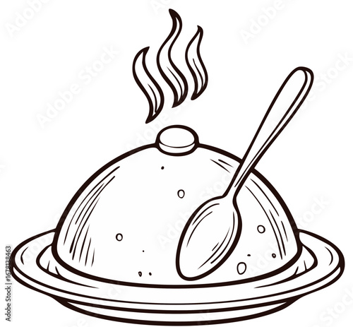 Steaming Covered Serving Dish with Spoon Simple Line Art Illustration