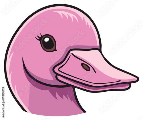 Cute pink cartoon duck face with eyelashes and happy expression
