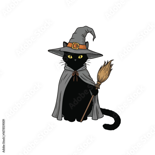 Cartoon illustration of a black cat wearing a witch hat and cape, holding a broom.