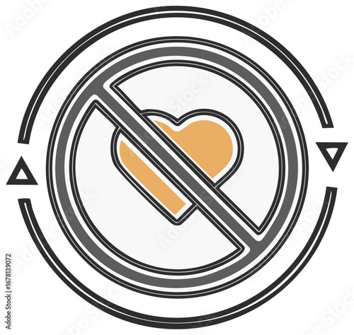 No love symbol icon with a crossed out heart inside a circular frame emblem