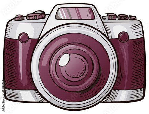Illustrated retro camera design in purple and gray tones