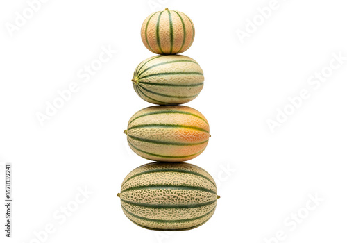 A vertical arrangement of cantaloupe melons of varying sizes and shades, showcasing their distinctive striped patterns against a stark black background.