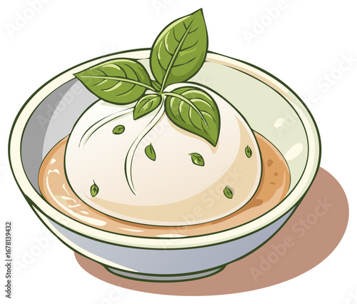 Delicately crafted burrata cheese with basil leaves served in a bowl illustration.