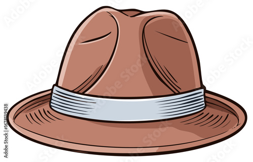 Cartoon illustration of a fedora hat in brown with a light blue band in vector.
