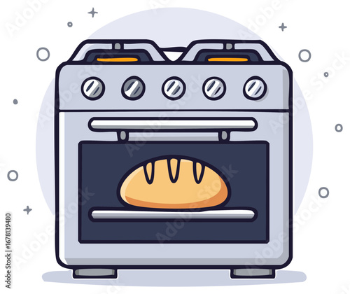 Oven Baking Fresh Bread Cartoon Kitchen Appliance Still Life Cooking Theme