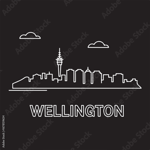 Wellington skyline line art vector illustration, one-line cityscape with landmarks, travel and city design concept