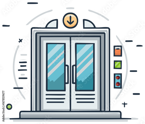 Modern minimalist elevator doors illustration with control panel and downward arrow sign