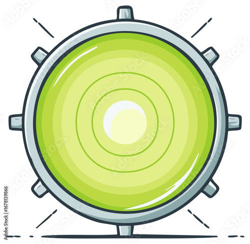 Circular spirit level with green bubble indicating balance and precision