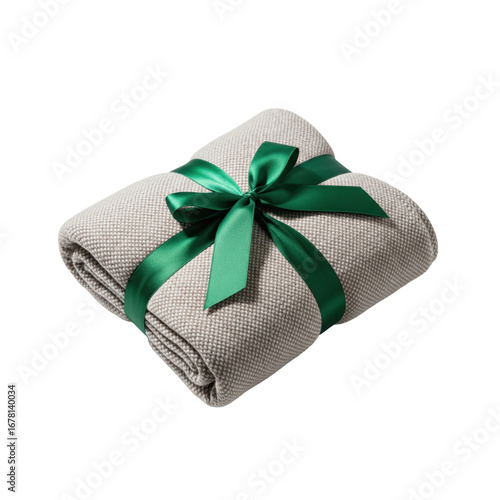 Folded blanket tied with green ribbon isolated