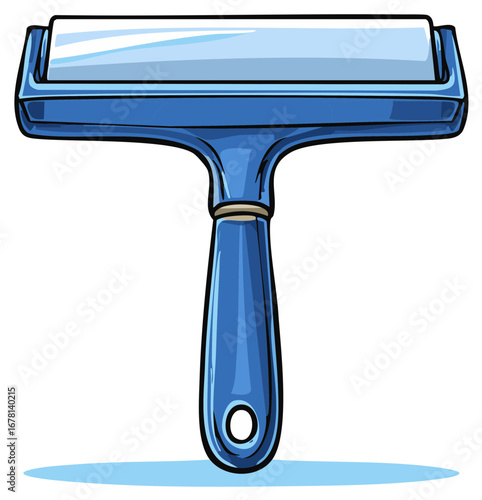 Cartoon illustration of a blue lint roller cleaning tool for clothing care and pet hair removal