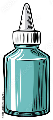 Illustration of a teal colored medical dropper bottle with a white applicator top isolated.