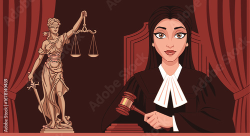 Female Judge with Gavel and Lady Justice Statue Symbolizing Law, Order, and Fairness in the Courtroom