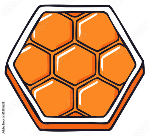 Hand drawn illustration of a hexagonal honeycomb section full of vibrant orange honey