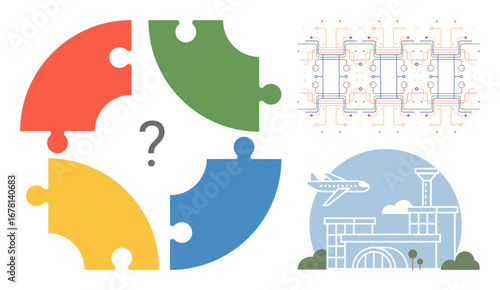Four colorful puzzle pieces with a question mark, circuit diagram network, airport illustration with airplane. Ideal for teamwork, problem-solving, technology, innovation, travel, connections simple