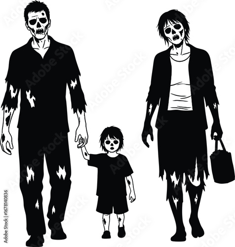 Zombie family walk silhouette spooky halloween characters clip art silhouette