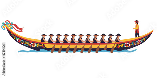 Traditional Asian Boat Race with Rowers in Harmony and Decorative Canoe Design on River Water