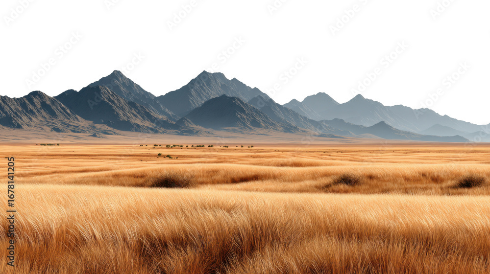Obraz premium Golden expanse landscape with Majestic Mountain Range: An expansive landscape captures the raw beauty of a vast, open plain of golden grass, with a majestic mountain range.