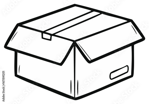 Vector line art drawing of an open empty cardboard box for moving or shipping