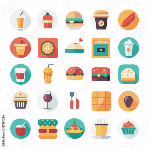 Flat food and beverage icon sheet, minimal vector style, 100+ icons grouped in a grid, transparent white PNG background, ideal for menus, restaurant branding, delivery apps.