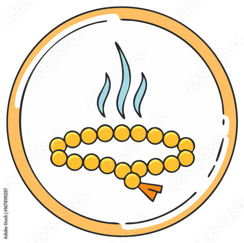 Iconic illustration of incense with a rosary, symbolizing spirituality and peace