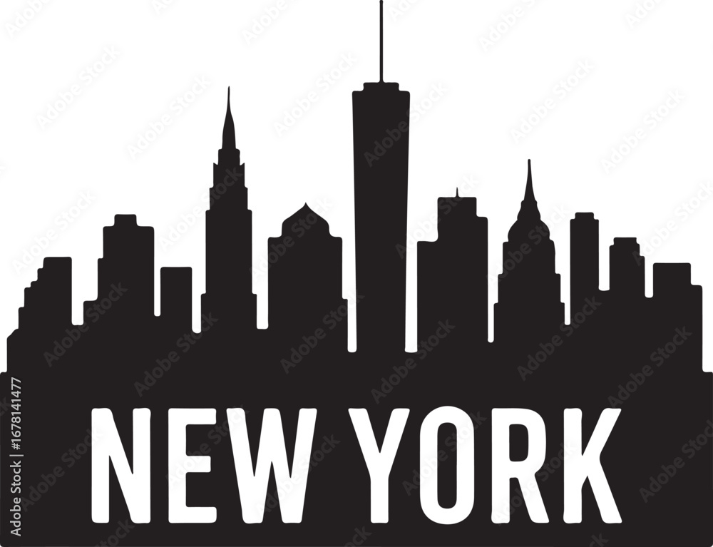 Fototapeta premium New York skyline vector illustration with famous landmarks, black city silhouette on white background for travel and business design