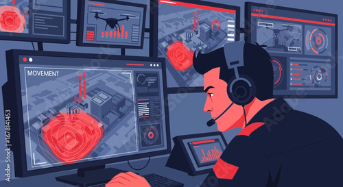 High-tech surveillance system with operator monitoring drones and site activity