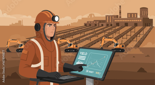 Mining Engineer Analyzing Yield Data on a Tablet at an Open-Pit Mine Site