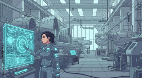 Futuristic aerospace factory with engineer operating advanced technology display