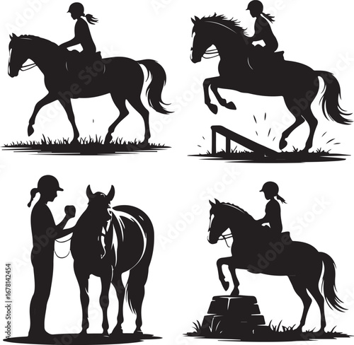 Silhouettes of People Horseback Riding – Equestrian Vector Set