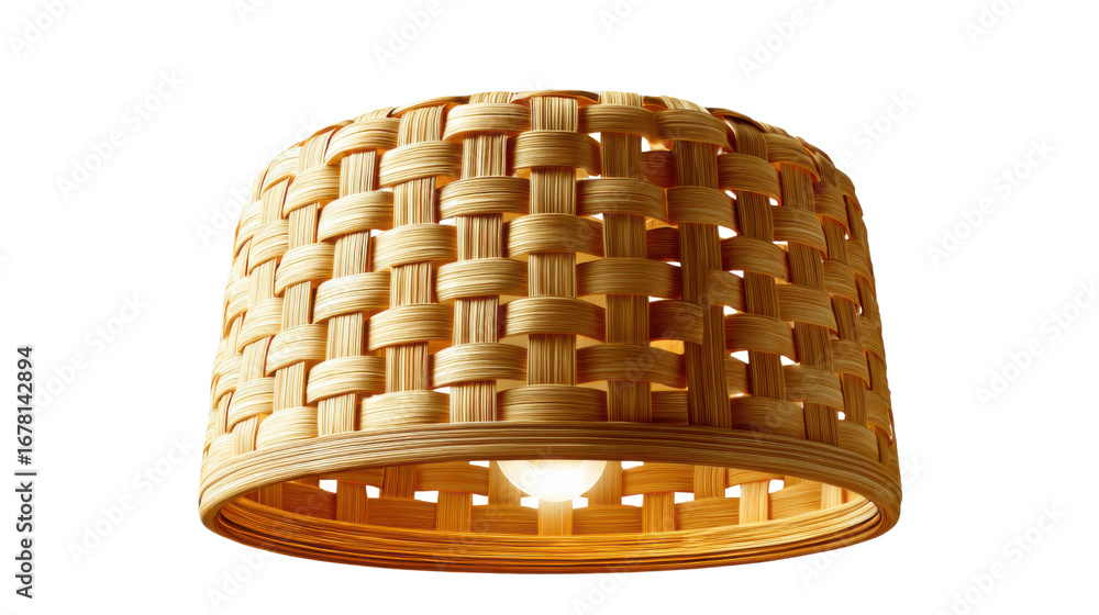 Obraz premium Woven Light Fixture: A close-up shot showcases a meticulously woven light fixture, its warm tones and intricate design creating a sense of handcrafted elegance and timeless appeal.