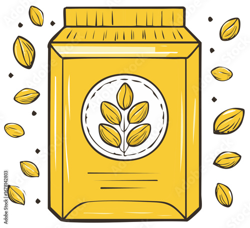 Hand drawn doodle illustration of a yellow carton of oat milk or cereal