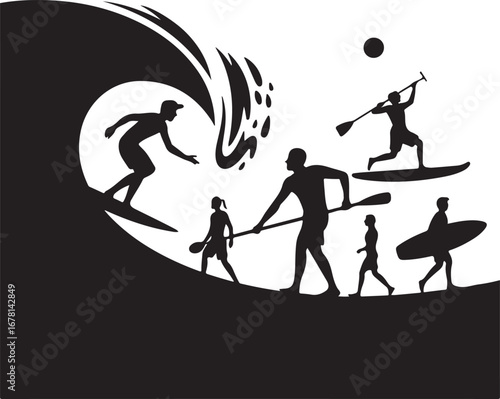 Silhouettes of Surfers and Beach Sports – Vector Set of Coastal Activities