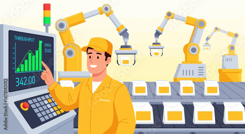 Automated production line operated by a worker analyzing throughput data on a screen
