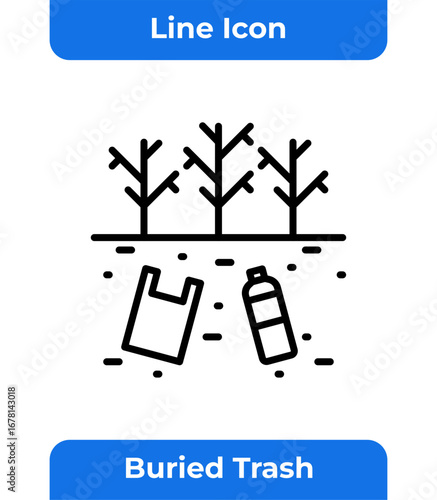 Buried Plastic Trash Line Icon, Plastic Waste, Environmental Pollution, Tree, Dry Plant, Soil, Ground, Eco-Friendly, Global Warming, Minimalist, Vector Illustration