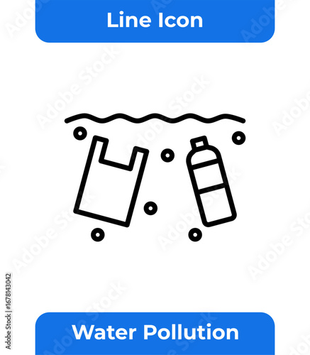 Water Pollution Line Icon, Sea Plastic Waste, Environmental Problem, Eco-Friendly, Global Warming, Sustainable, Earth Day, Minimalist, Simple, Vector Illustration, Graphic Design