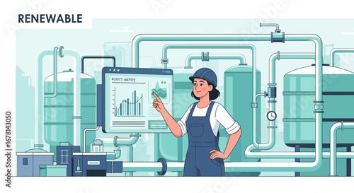 Sustainable Future: Female Engineer Overseeing Water Purification Plant Operations