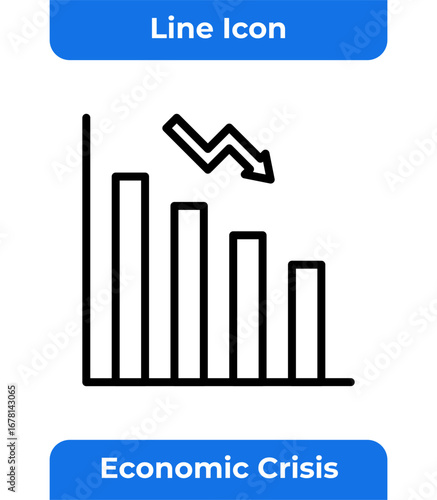 Economic Crisis Line Icon, Financial Chart, Bar Graph Down, Stock Market Crash, Money Loss, Recession, Business Bankruptcy, Minimalist, Simple, Vector Illustration