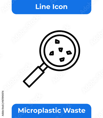 Microplastic Waste Line Icon, Magnifying Glass, Sea Pollution, Environmental Problem, Water Contamination, Microscopic, Minimalist, Simple, Vector Illustration, Graphic Design