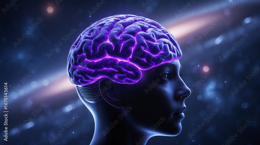 Obraz premium Glowing Brain Silhouette Against Cosmic Background, Neuroscience Concept.