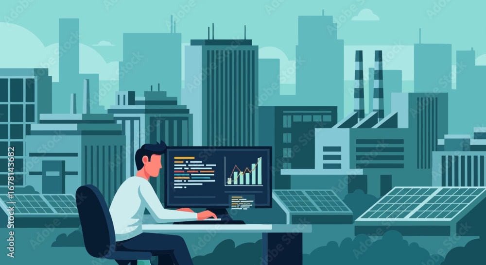 Naklejka premium Visualizing Sustainable Urban Development: A Developer Analyzing Energy Data