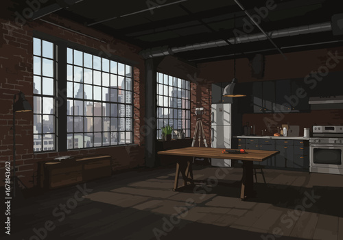 A rustic loft interior with brick walls large windows framing a cityscape and a kitchen area