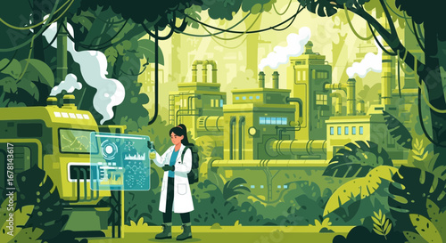 Futuristic factory nestled in lush jungle monitored by a scientist with screen