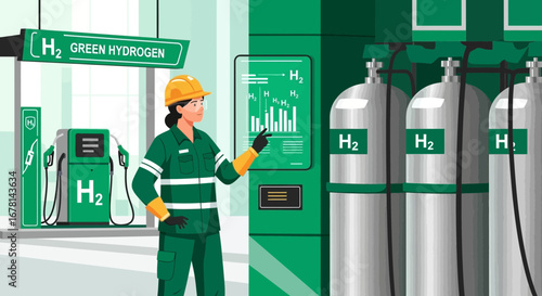 Hydrogen station worker inspecting renewable energy technology displays