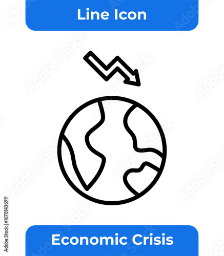 Global Economic Crisis Line Icon, Financial Recession, World Problem, Business Bankruptcy, Money Crash, Global Economic Downfall, Minimalist, Flat Design, Vector Illustration