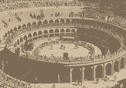 A tantoned illustration of a round arena or amphitheater filled with spectators
