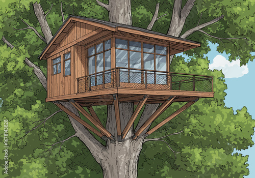 A treehouse with wooden beams is nestled within a large leafy tree set against a partly cloudy sky