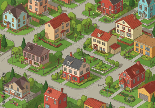 Aerial view of a neighborhood showing various houses with lawns and roads