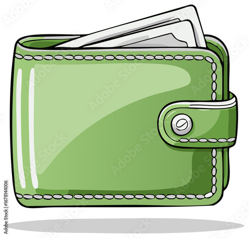 Illustrated green leather wallet filled with paper money and secured with a snap closure